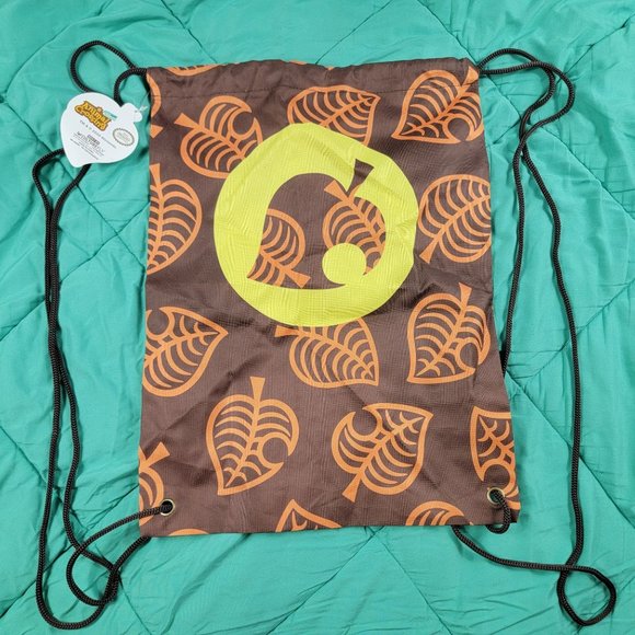 Animal Crossing New Horizons Drawstring Canvas Bag Leaves Brown Orange - Picture 1 of 8